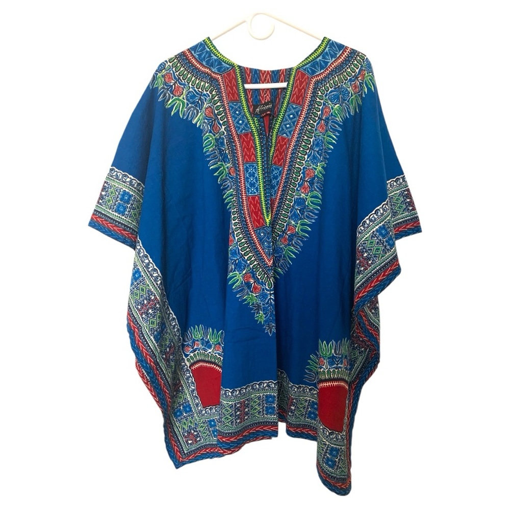 Vintage 80s/90s Africiod dashiki, blue, bold print, very good condition. OS